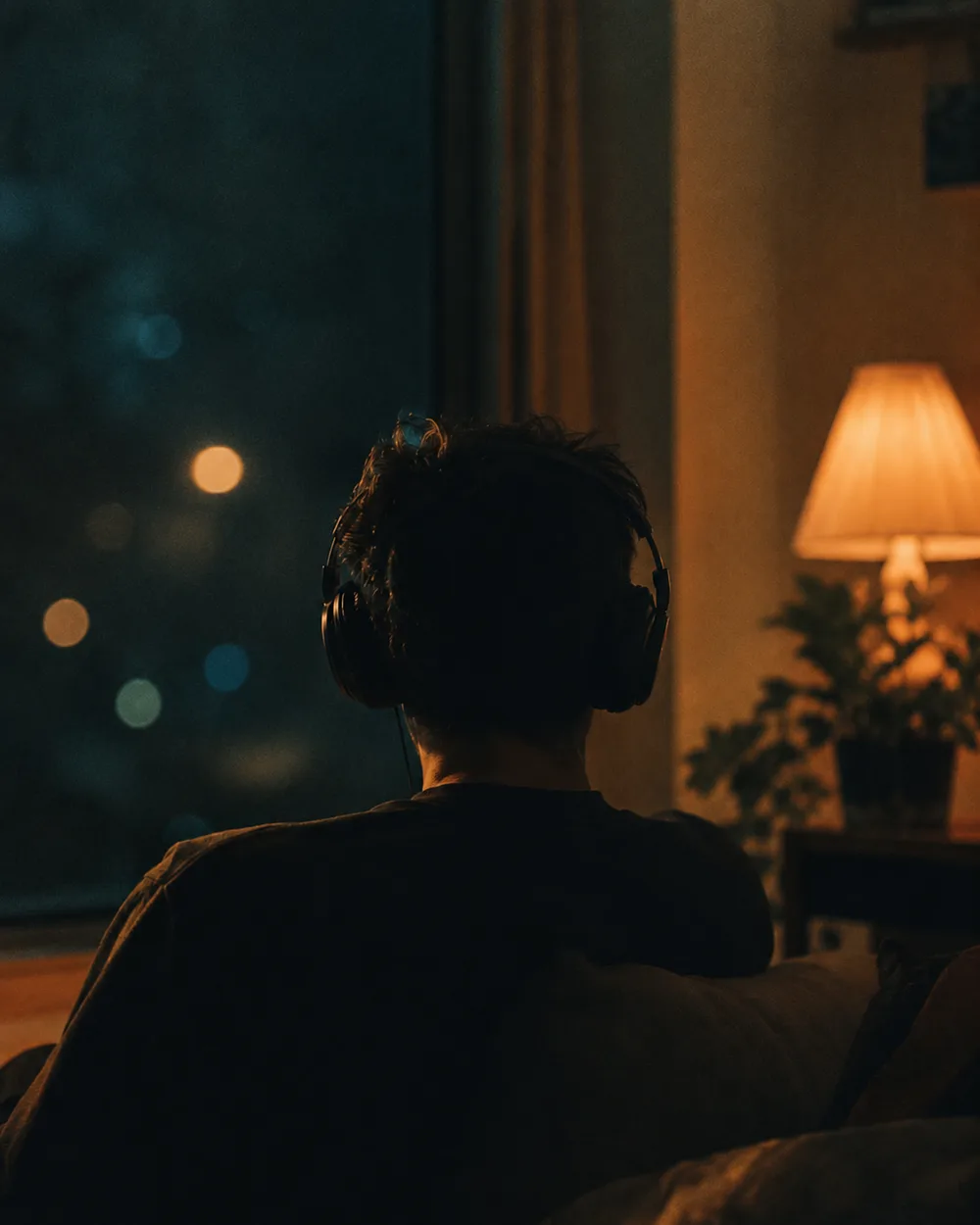 Une personne, de dos, écoute au casque près d’une fenêtre la nuit.