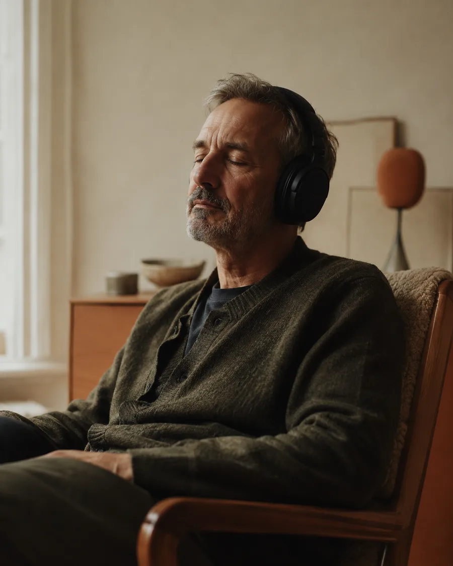 Un homme assis près d’une fenêtre, yeux fermés, écoute au casque, paisible.